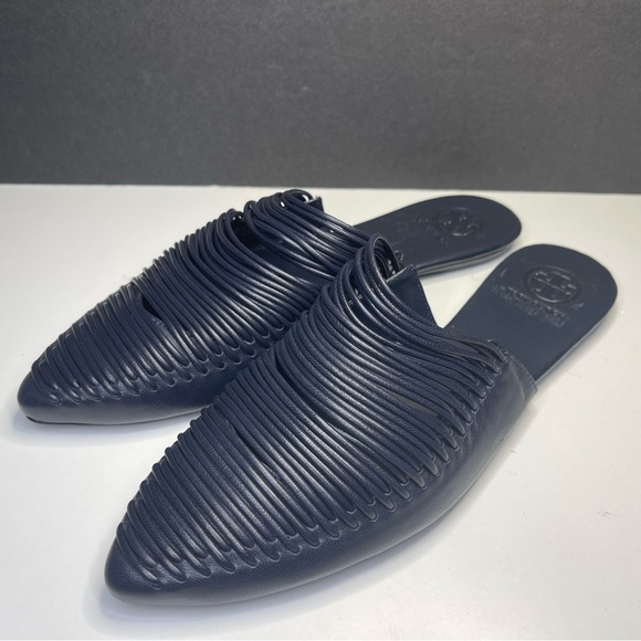 Tory Burch Sienna Woven Navy Blue Leather Mules Slide Sandals Shoes Size 6M - Picture 4 of 6